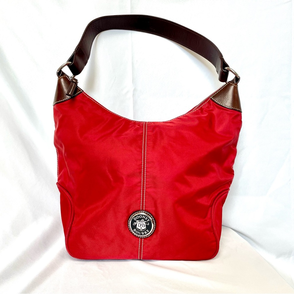 Dooney & Bourke Wayfarer Red Nylon Hobo Shoulder Bag Leather Trim